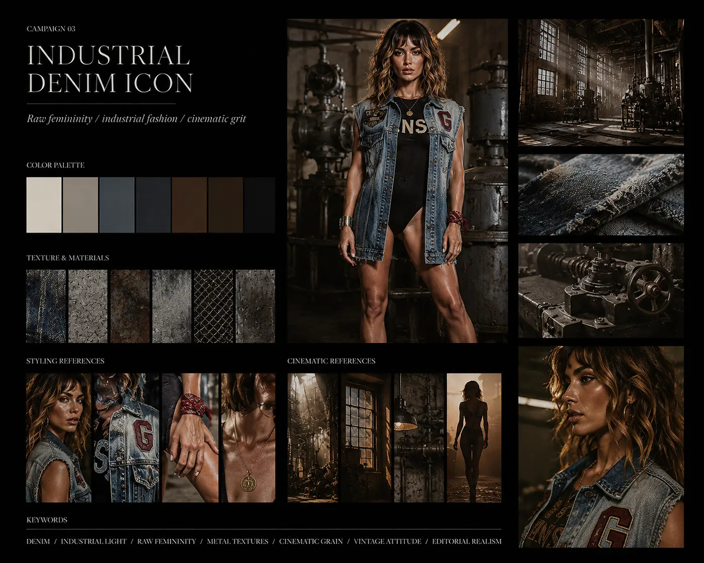 Ghost Studio Campaign 01 — creative direction moodboard industrial denim editorial, riferimenti raw femininity e styling industriale