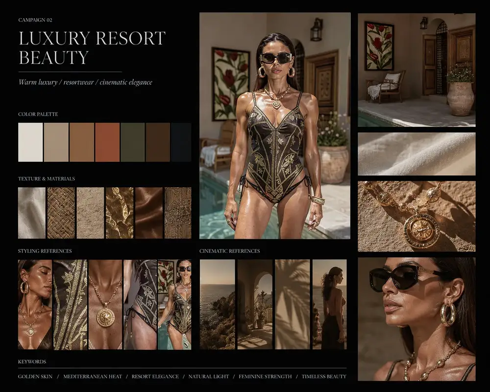 Ghost Studio Campaign 02 — creative direction moodboard luxury resort beauty, riferimenti stilistici e palette warm tones
