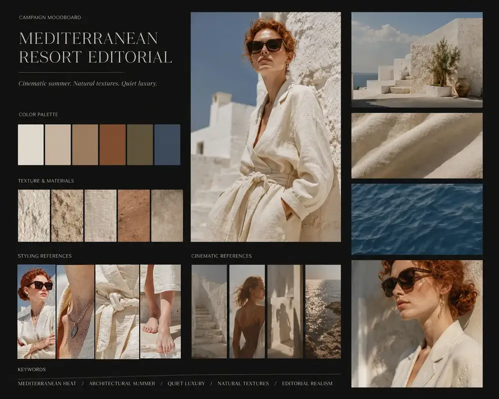 Ghost Studio Campaign 03 — creative direction moodboard per editorial resort mediterraneo, palette colori e riferimenti visivi