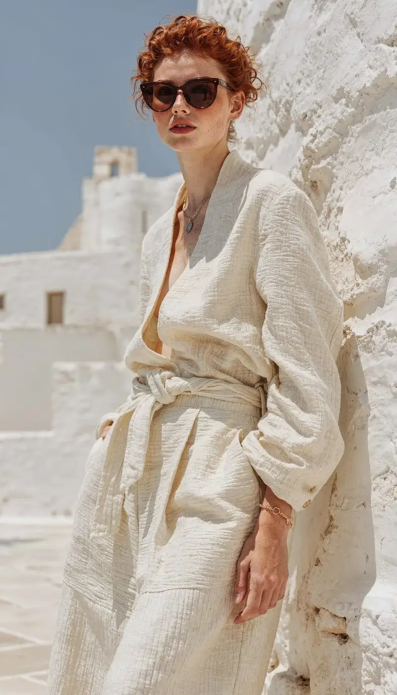 Ghost Studio Mediterranean Resort Editorial — modella AI in abito estivo, luce naturale cinematica