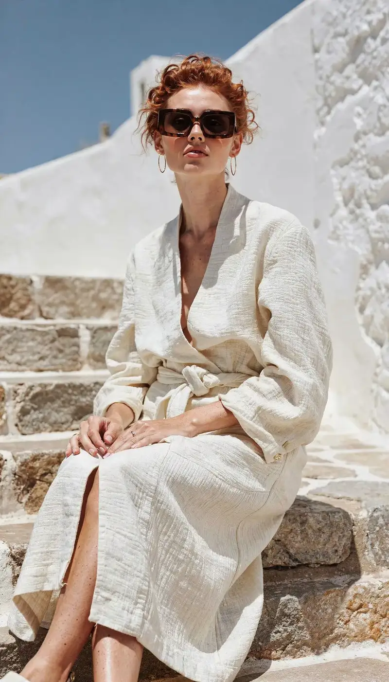 Ghost Studio Mediterranean Resort Editorial — full look resort con sfondo architettura mediterranea