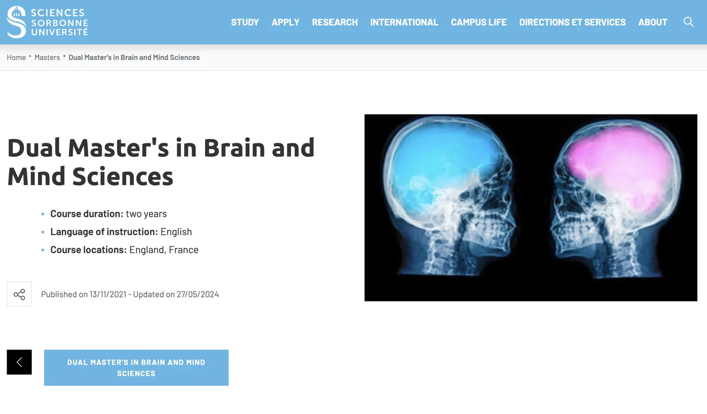 Pagina Sorbonne Université dedicata al Dual Masters Brain and Mind Sciences