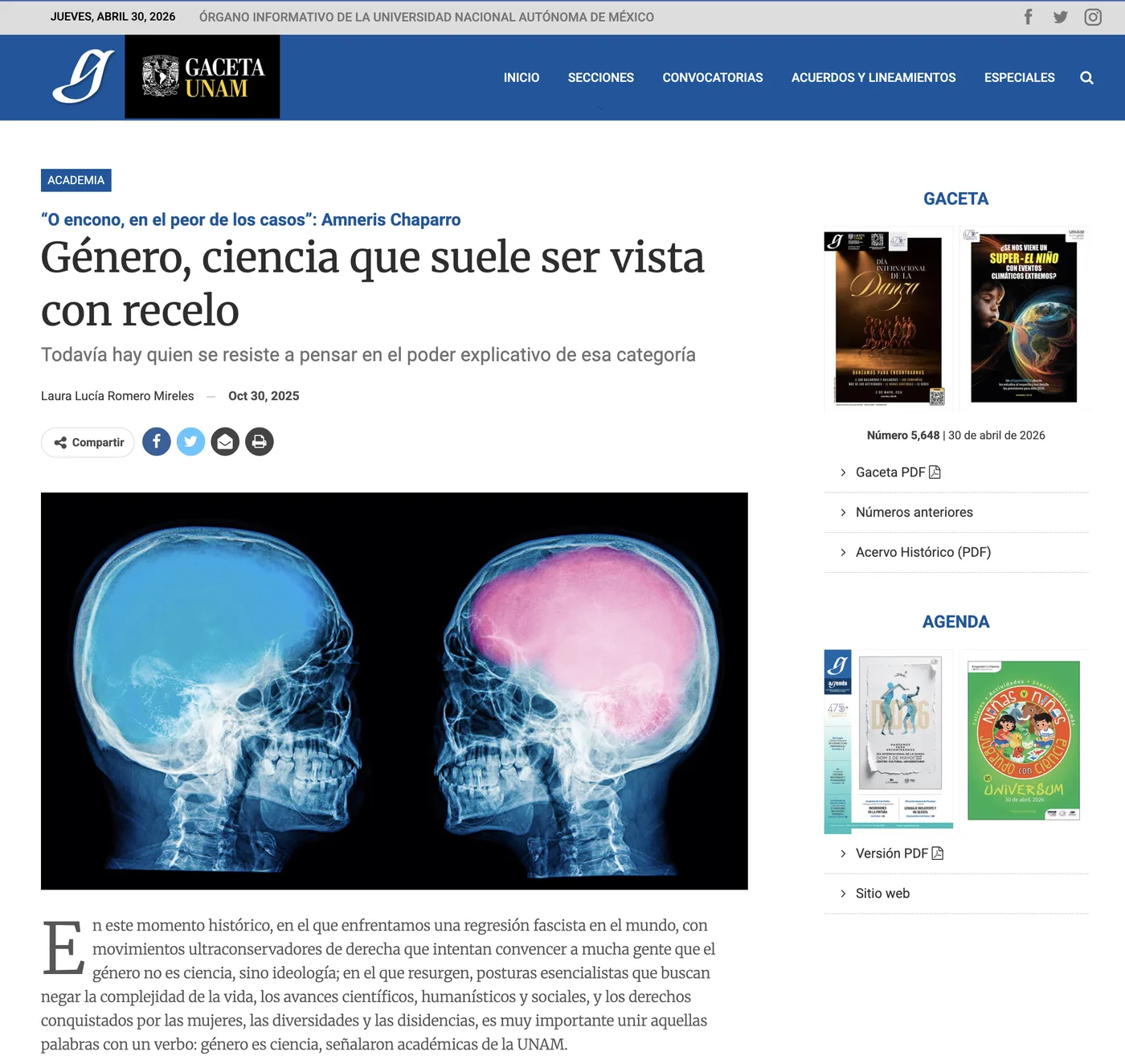 Articolo Gaceta UNAM su genere e scienza
