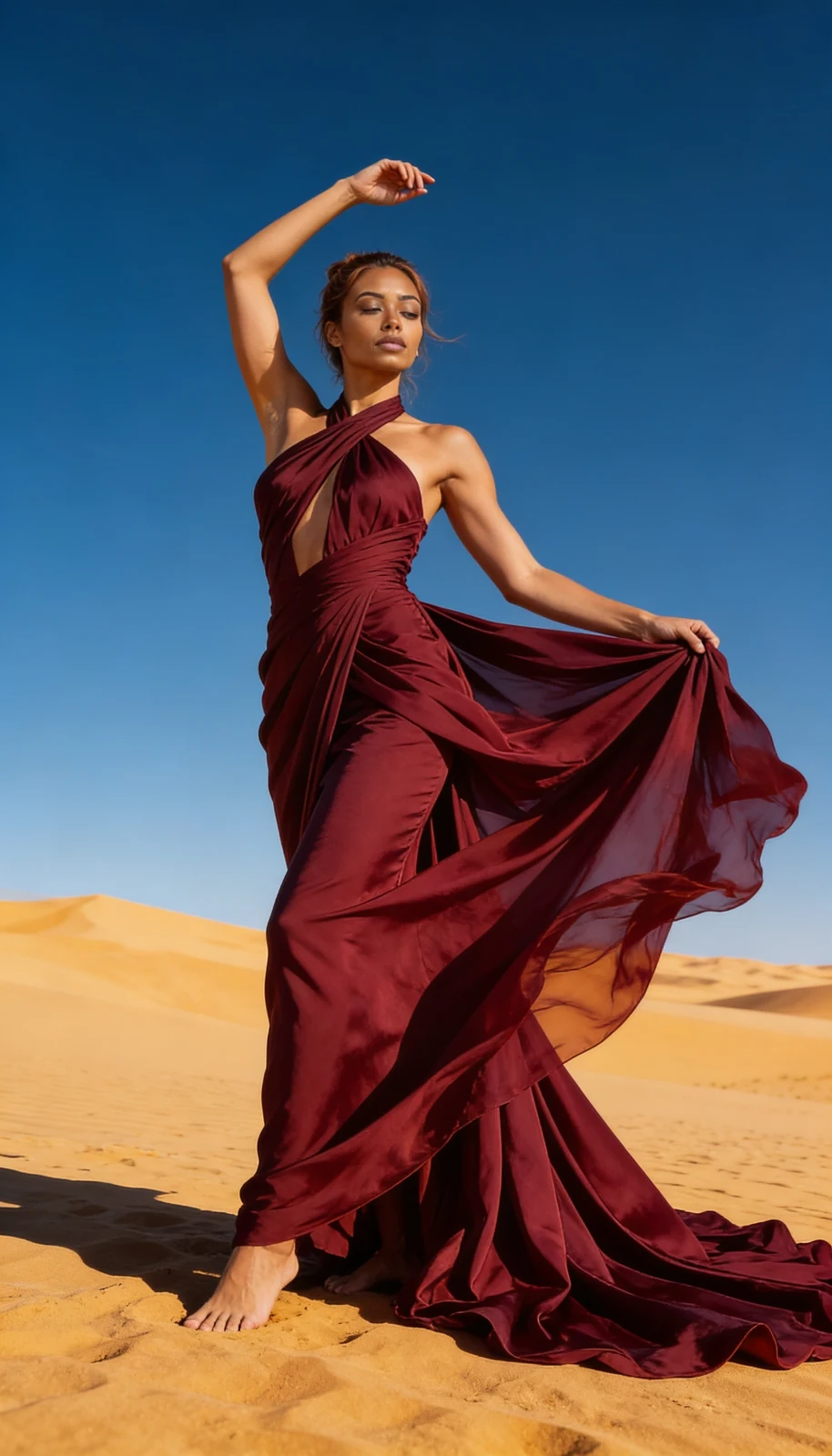 Editorial fashion, ritratto verticale nel deserto con abito rosso